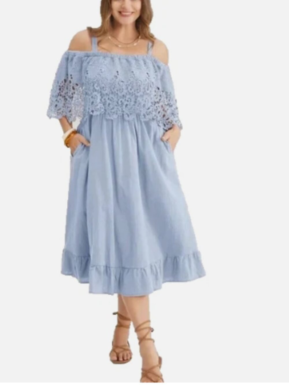 Bloomchic Off Shoulder Lace Pockets Ruffle Hem Cotton Dress 2X/3X (22/24) Blue
